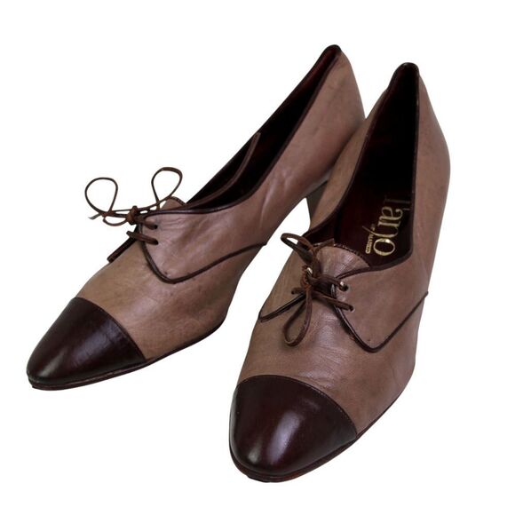 VINTAGE Tano BEIGE BROWN REAL LEATHER LACE MID HEEL ALMOND TOE PUMP SHOES Sz 9B - Picture 2 of 11